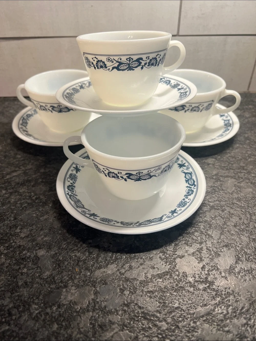 Vintage Corelle/Pyrex Old  Town Blue or Blue Onion  Floral Teacup and Saucer Set